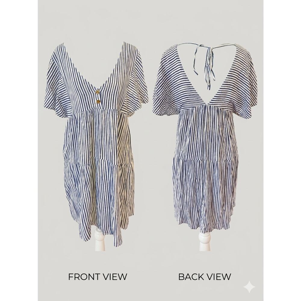 Zara Blue White Striped Tiered Mini Babydoll Dress Tie Open Back beach coverup
